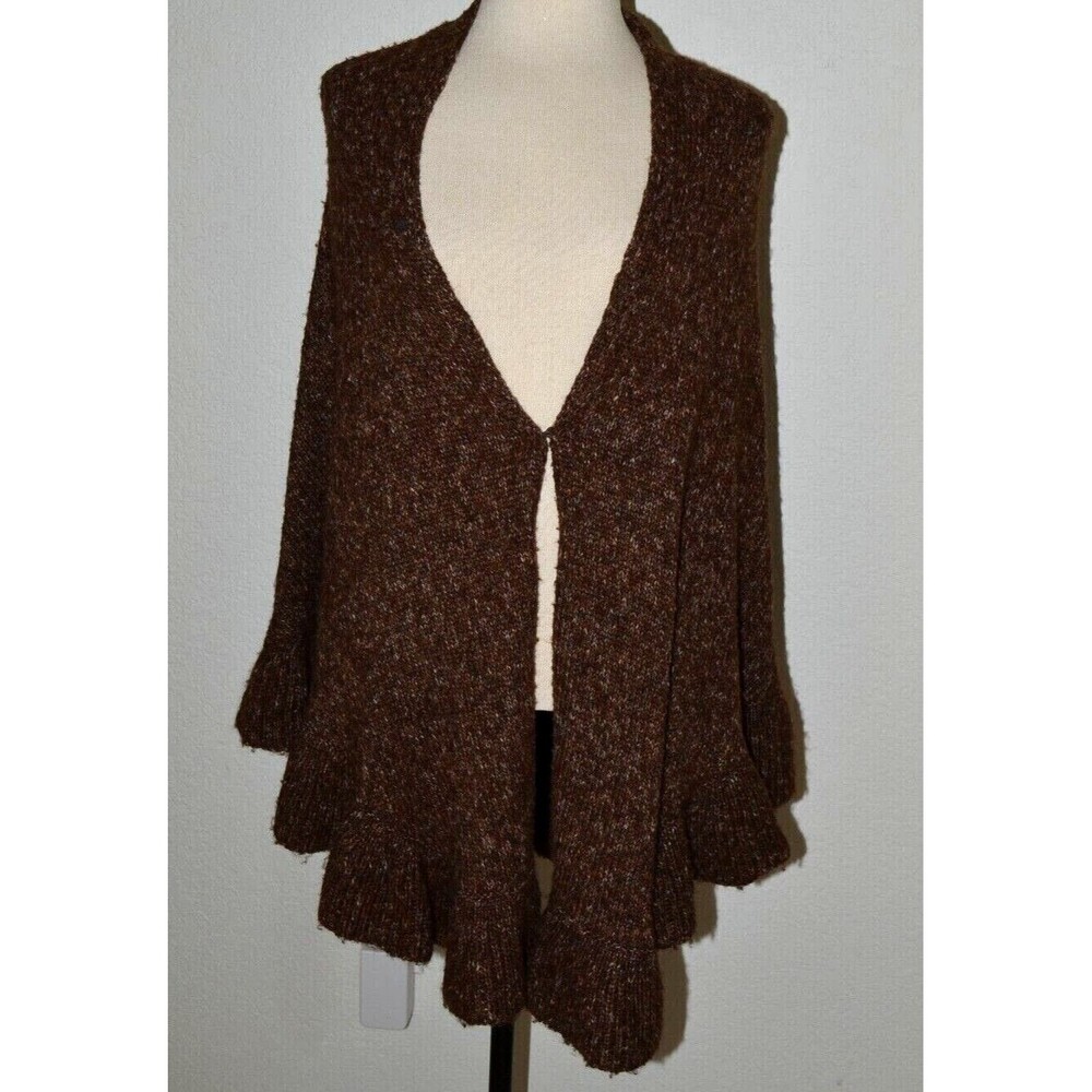 CAbi Brown Knit Shawl Poncho Ruffle Hem One Size Cape Hook Eye Closure in Front